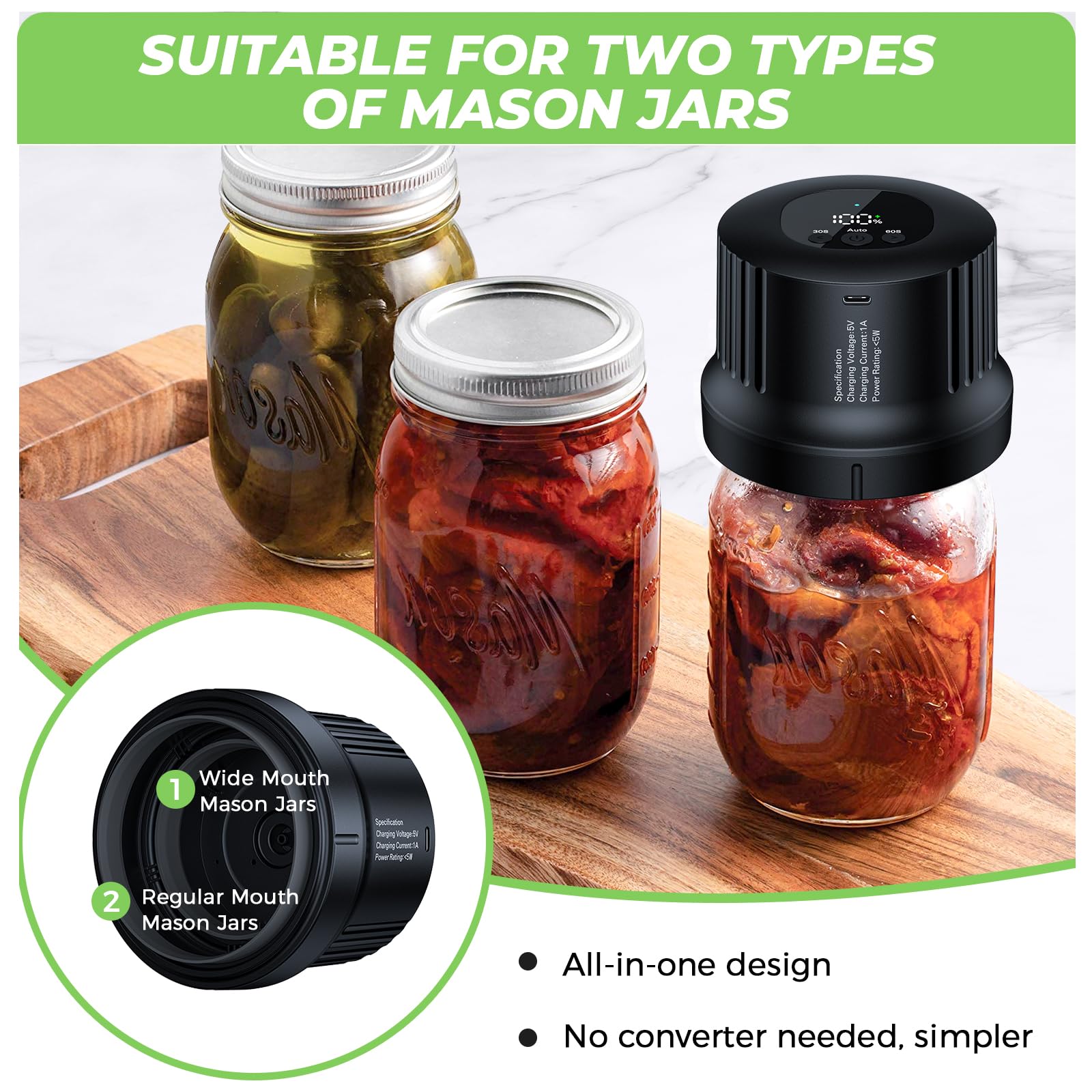 YANOY Electric Mason Jar Vacuum Sealer Kit for Wide Mouth and Regular Mouth Mason Jars, Food Saver Bags & Vacuum Seal Containers, 𝟮𝟬𝟮𝟰 𝐒𝐦𝐚𝐫𝐭 𝐔𝐩𝐠𝐫𝐚𝐝𝐞 - 𝐁𝐥𝐚𝐜𝐤 𝐏𝐫𝐨