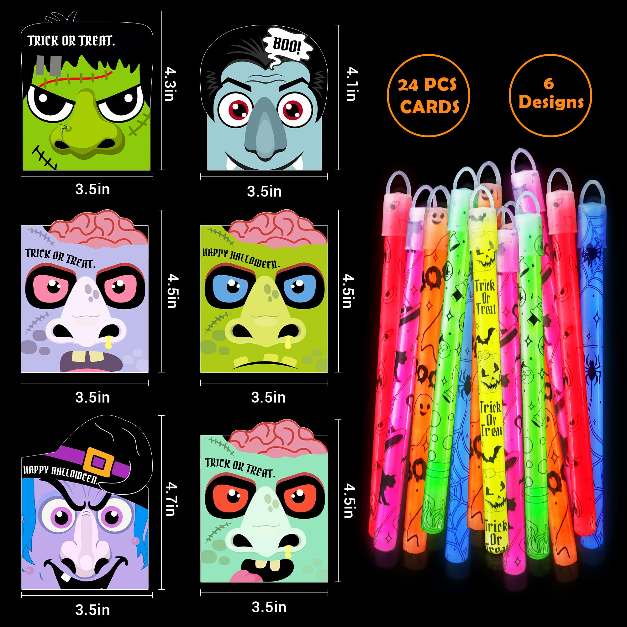 24 Pcs Halloween Party Favors Glow Stick with Gift Cards,Halloween Light Up Toys Bulk Hanging Wands,Halloween Decoration Goodie Bags Fillers Basket Stuffers Classroom Prizes for Kids Trick or Treats