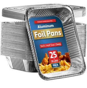 25 pack aluminum pans disposable 9x13 baking pan chafing trays with lids, half size oven steam table tin foil pans with covers, extra heavy duty foil pans for heating, roasting, cooking, storing food