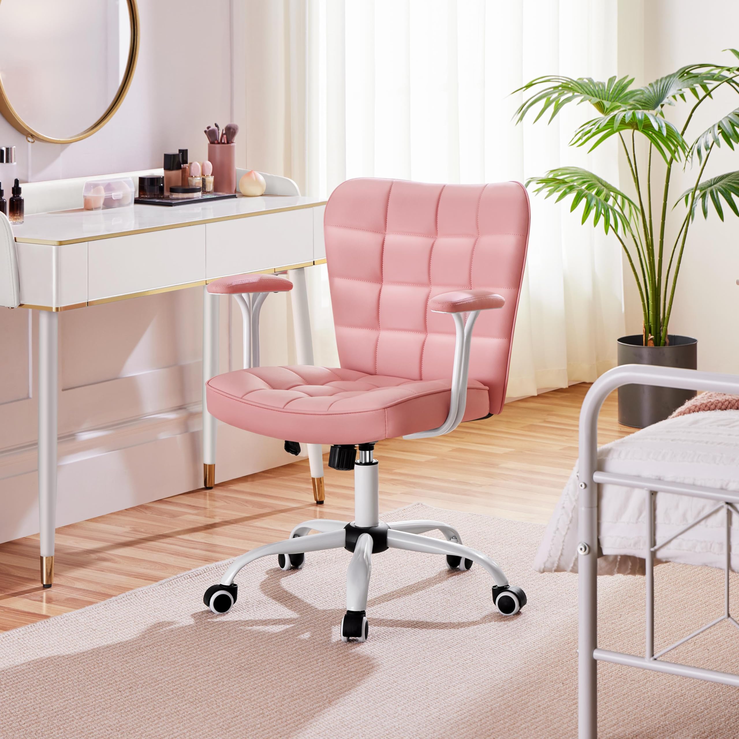 Yaheetech Mid Back Faux Leather Office Chair Adjustable Tilting Vanity Chair Modern Upholstered Desk Chair Task Chair with Detachable Padded Armrests for Home/Office,Pink