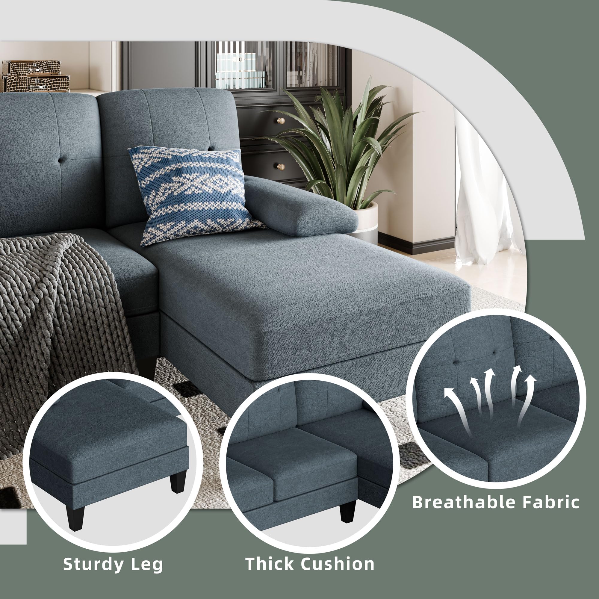 Shintenchi Sectional Sofa Couch, U-Shaped Sofa Couch with Double Chaise, 4-Seat Sleeper Sofa Couch with Thick Sofa Cushion & Linen Fabric for Living Room, Dark Grey