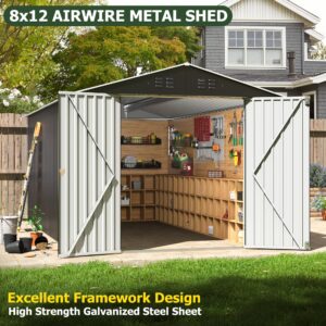 AirWire 8x12 FT Outdoor Storage Shed, Garden Shed with Updated Frame Structure and Lockable Doors, Metal Tool Sheds for Backyard Garden Patio Lawn, Grey