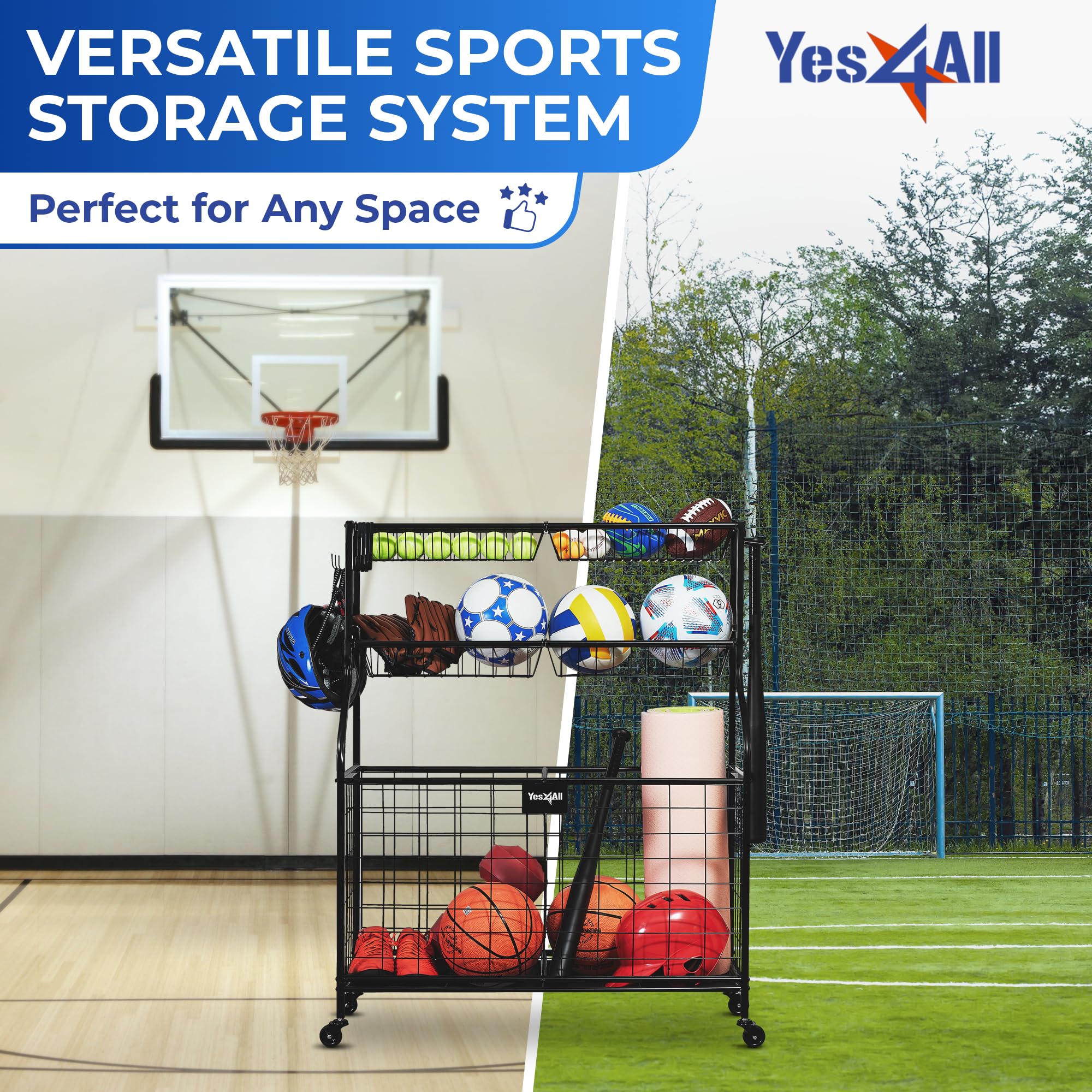 Yes4All Garage Sports Equipment Organizer, Garage Ball Storage, Rolling Ball Storage for Indoor/Outdoor Use, Steel, Black