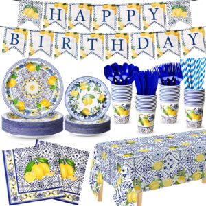 potchen 194 pcs capri lemon birthday party supplies lemon disposable tableware set capri lemon banner paper plates napkins cups cutlery tablecloth for bridal shower party decor, serves 24 guests