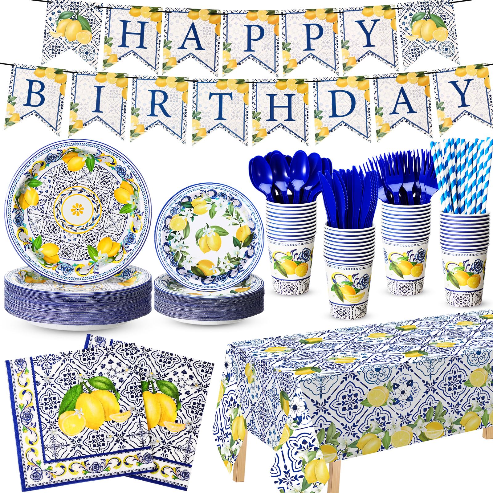 Potchen 194 Pcs Capri Lemon Birthday Party Supplies Lemon Disposable Tableware Set Capri Lemon Banner Paper Plates Napkins Cups Cutlery Tablecloth for Bridal Shower Party Decor, Serves 24 Guests