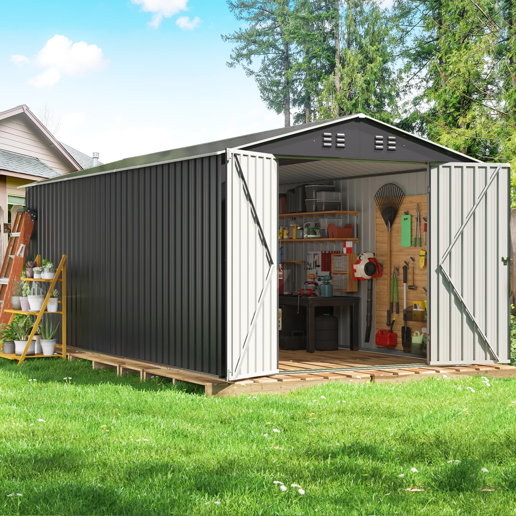 AirWire 8x12 FT Outdoor Storage Shed, Garden Shed with Updated Frame Structure and Lockable Doors, Metal Tool Sheds for Backyard Garden Patio Lawn, Grey