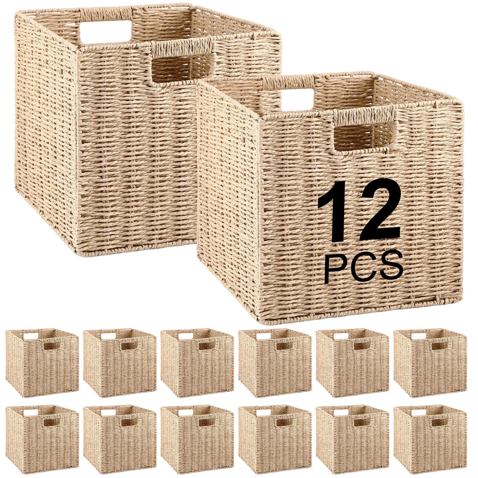 Vesici 12 Pcs Wicker Baskets Storage 11 Inch Wicker Baskets for Cube Rattan Storage Baskets Foldable Large Woven Wicker Basket with Handles for Organizer Shelves Pantry Living Room (Beige)