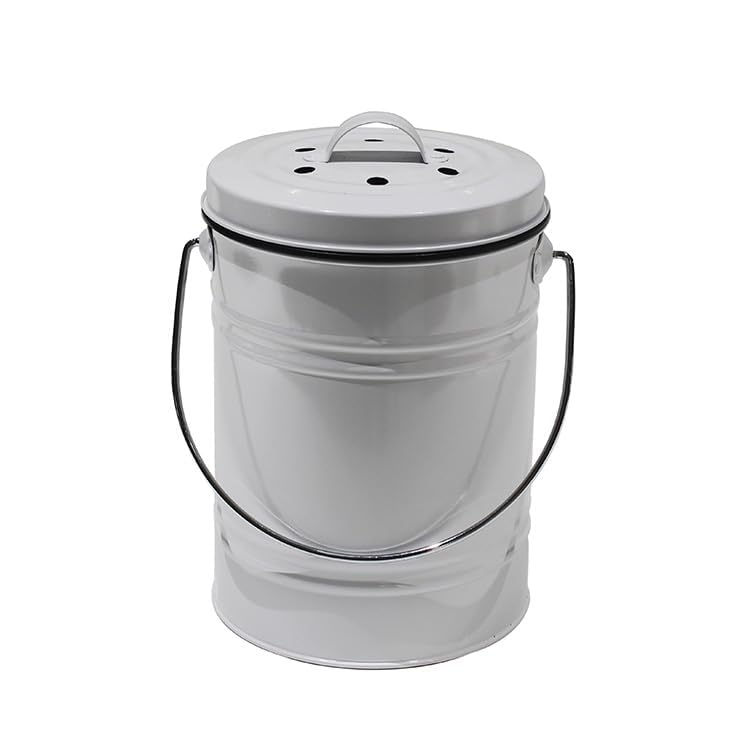 Kitchen Compost Bin with Airflow Lid, 1.3 Gallon Metal Countertop Compost Bucket, Indoor Composter, White