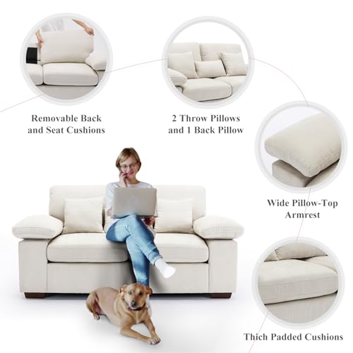 Loveseat Sofa Couch 73", Chenille Love Seat Couch Sofa with Removable Back Seat Cushions, Upholstered Living Room Sofa with 2 Throw Pillows 1 Lumbar Pillow, Sofa for Small Space Apartment Lounge-Beige