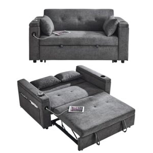 modern 4 in 1 convertible sleeper sofabed chenille upholstered multifunctional loveseat sofa with pull-out couch bed,armrests storage,cupholders,usb ports,adjustable backrest,pillows,side pockets