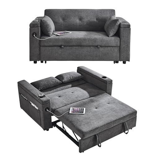 Modern 4 in 1 Convertible Sleeper Sofabed Chenille Upholstered Multifunctional Loveseat Sofa with Pull-Out Couch Bed,Armrests Storage,Cupholders,USB Ports,Adjustable Backrest,Pillows,Side Pockets