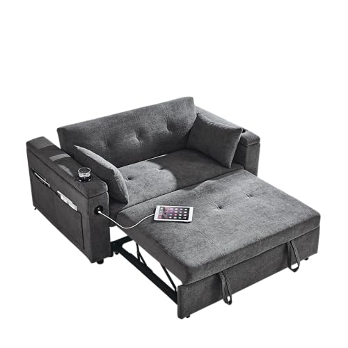 Modern 4 in 1 Convertible Sleeper Sofabed Chenille Upholstered Multifunctional Loveseat Sofa with Pull-Out Couch Bed,Armrests Storage,Cupholders,USB Ports,Adjustable Backrest,Pillows,Side Pockets