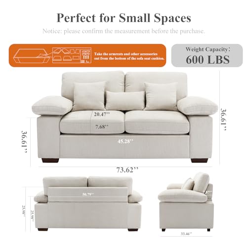 Loveseat Sofa Couch 73", Chenille Love Seat Couch Sofa with Removable Back Seat Cushions, Upholstered Living Room Sofa with 2 Throw Pillows 1 Lumbar Pillow, Sofa for Small Space Apartment Lounge-Beige