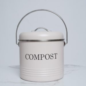 Kitchen Compost Bin, 1.3 Gallon Metal Countertop Compost Bucket with Lid, Indoor Composter, Beige