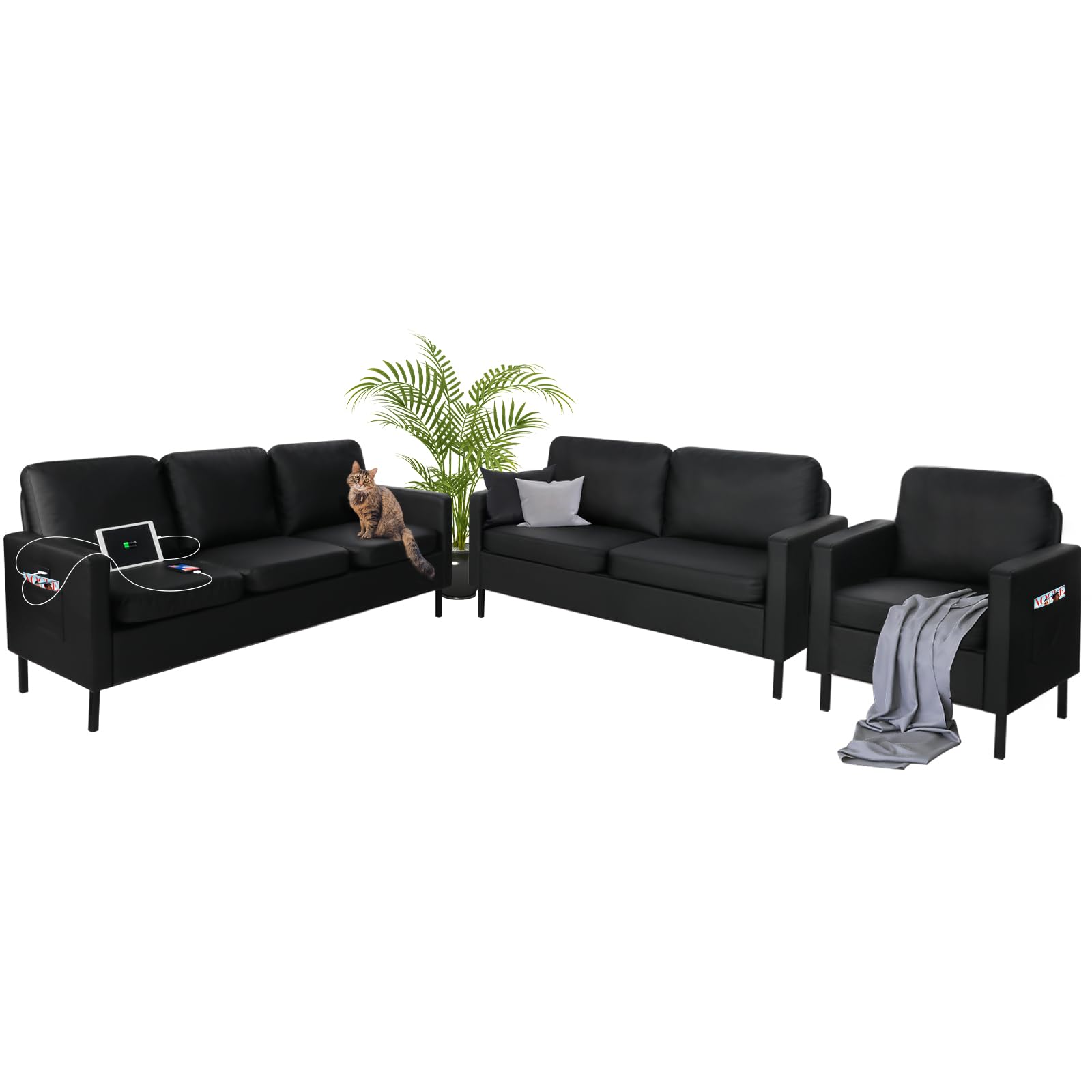 STHOUYN 3 Piece Living Room Furniture Sets, 3 Seat Couch and Loveseat with 2 USB, Single Sofa Accent Chair, Modern Small Couches for Small Spaces, Bedroom, Apartment (Black, 1+2+3(Armrest))