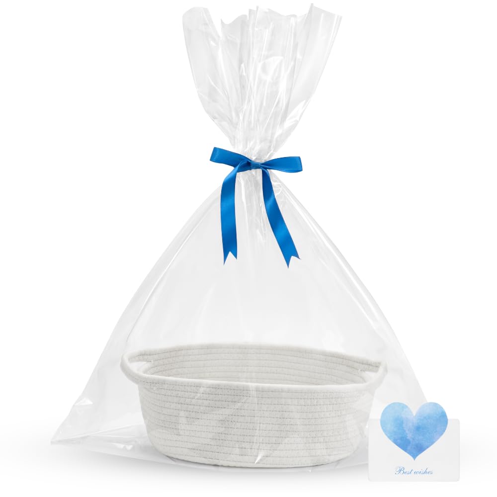 POIVOCF Small White Woven Basket 12"x 8"x 5" - Empty Gift Basket with Bags, Ribbons & Greeting Card