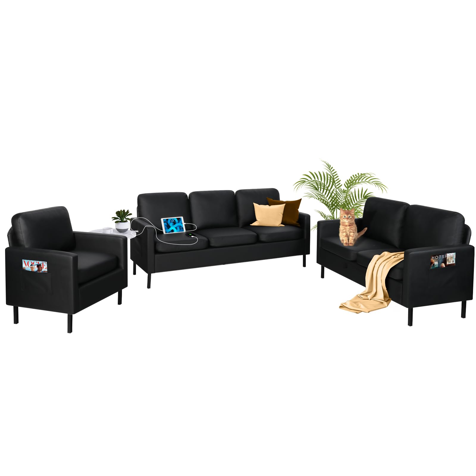 STHOUYN 3 Piece Living Room Furniture Sets, 3 Seat Couch and Loveseat with 2 USB, Single Sofa Accent Chair, Modern Small Couches for Small Spaces, Bedroom, Apartment (Black, 1+2+3(Armrest))