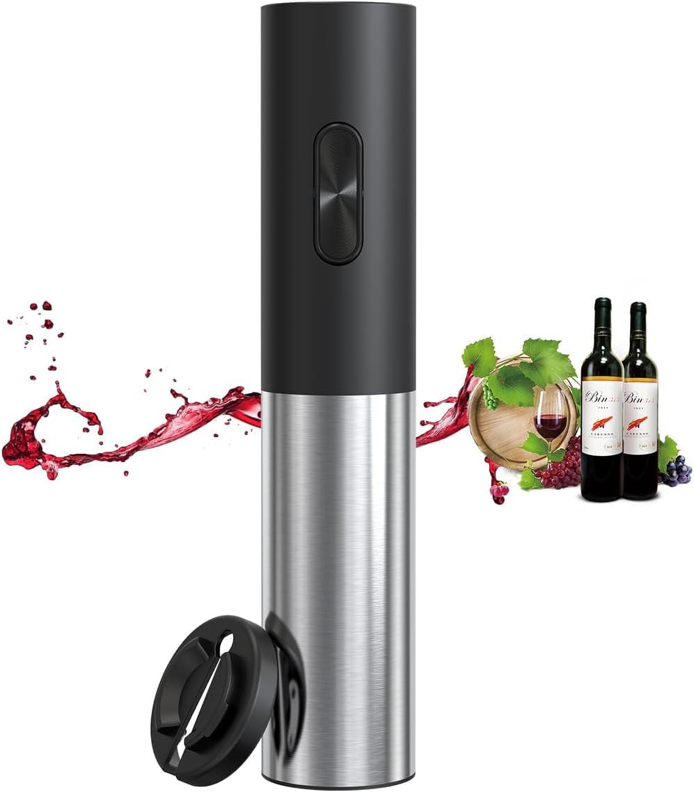 Electric Wine Bottle Opener, Battery Powered Stainless Steel Wine Bottle Opener, Wine Gift Automatic Wine Bottle Opener with Aluminum Foil Cutter (Stainless Steel Battery)