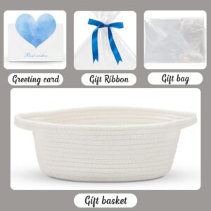 POIVOCF Small White Woven Basket 12"x 8"x 5" - Empty Gift Basket with Bags, Ribbons & Greeting Card