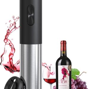 Electric Wine Bottle Opener, Battery Powered Stainless Steel Wine Bottle Opener, Wine Gift Automatic Wine Bottle Opener with Aluminum Foil Cutter (Stainless Steel Battery)