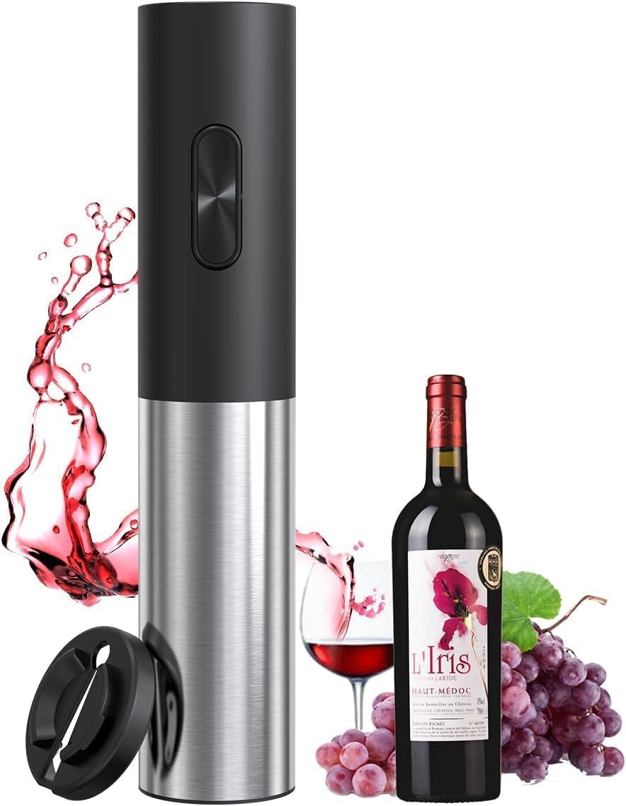 Electric Wine Bottle Opener, Battery Powered Stainless Steel Wine Bottle Opener, Wine Gift Automatic Wine Bottle Opener with Aluminum Foil Cutter (Stainless Steel Battery)