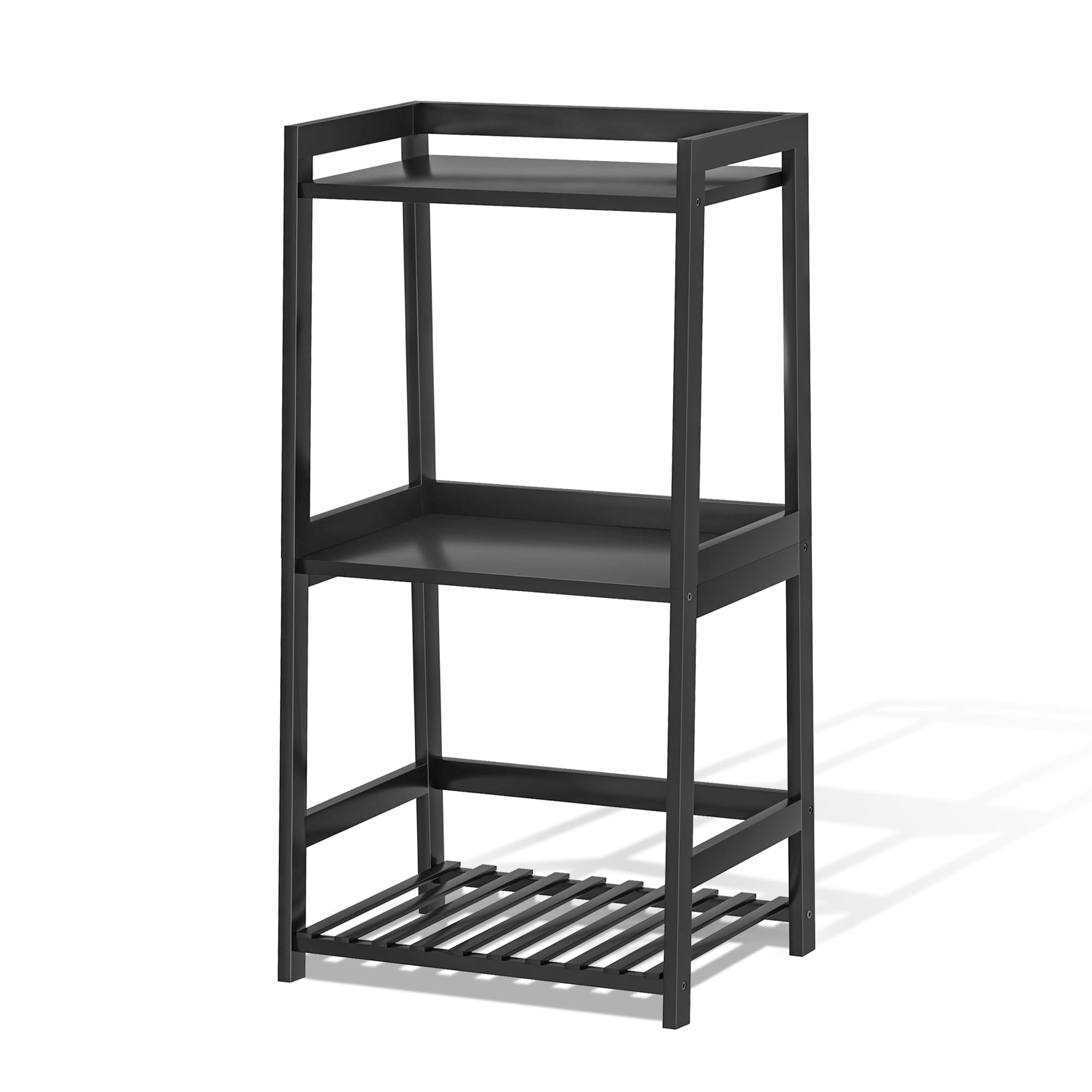 ADREMAN Bathroom Shelf, 3 Tier Ladder Shelf Bamboo Nightstand Open Shelving, Bathroom Storage Organizers Bookshelf Bookcase for Living Room, Bedroom, Bathroom (Black, Without Drawers)