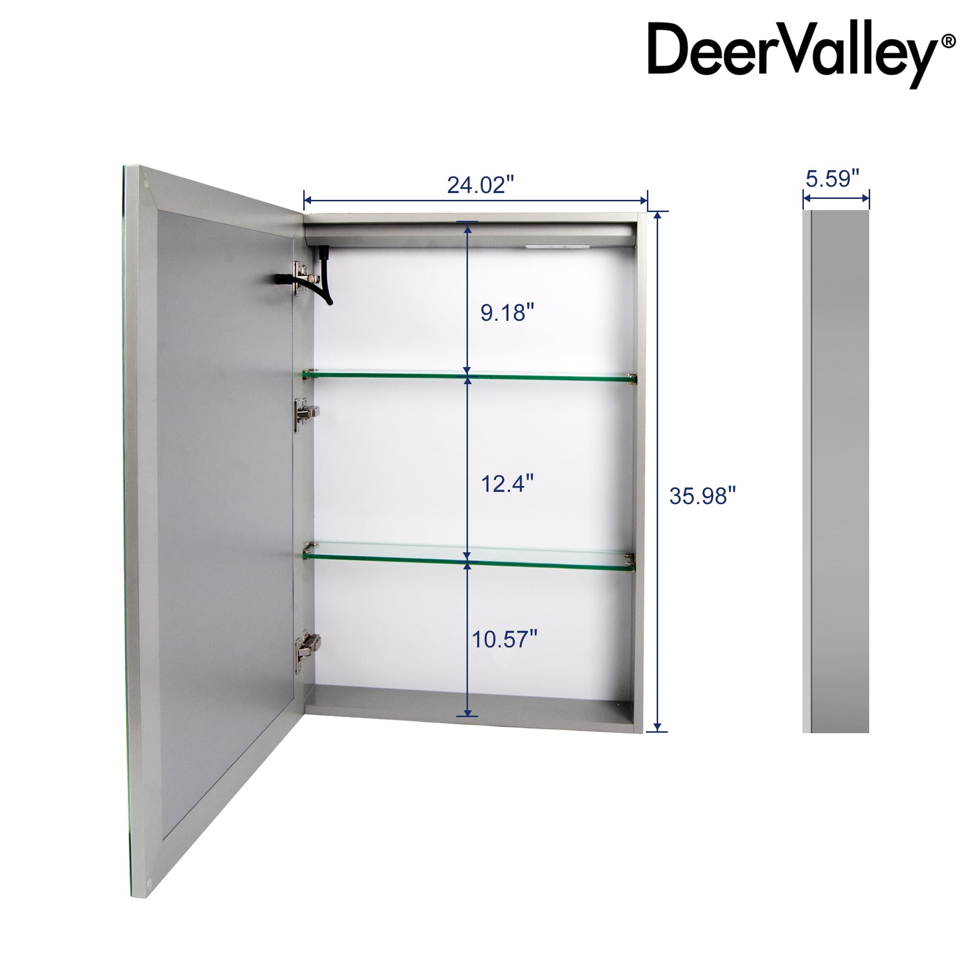 Deer Valley Lighted Medicine Cabinet with Mirror, 24" W x 36" H Led Medicine Cabinet, Bathroom Wall Mounted Modern Mirrored Medicine Cabinets with Storage Organizer