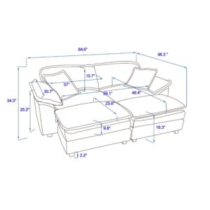 KEVINSPACE Modern Sectional Sofa for Living Room Deep Seat Couch with Moveable Ottoman 84.6" Modern Comfy Sleeper Sofa Double-Upholstered Modular Sofa Wide Loveseat Couches Apartment Bedroom Orange