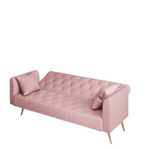 SumKea 71'' Modern Velvet Futon Sofa Bed, Loveseat Sofa, Convertible Folding Sleeper Couches with Adjustable Backrests and 2 Pillow, Lounge Sofa with Golden Chrome Legs, Pink