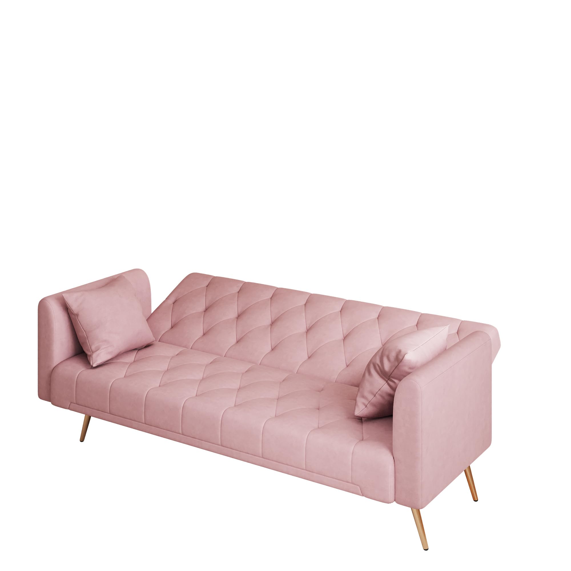 SumKea 71'' Modern Velvet Futon Sofa Bed, Loveseat Sofa, Convertible Folding Sleeper Couches with Adjustable Backrests and 2 Pillow, Lounge Sofa with Golden Chrome Legs, Pink