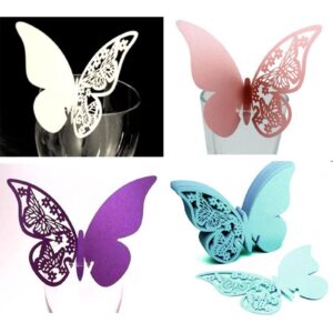 LJKLAJ 100pcs Butterfly Name Place Card Wine Glass Cup Paper Card Ornament For Wedding Birthday Glass High Feet Cup Decoration Butterfly Name Place Cards, Light Lanka