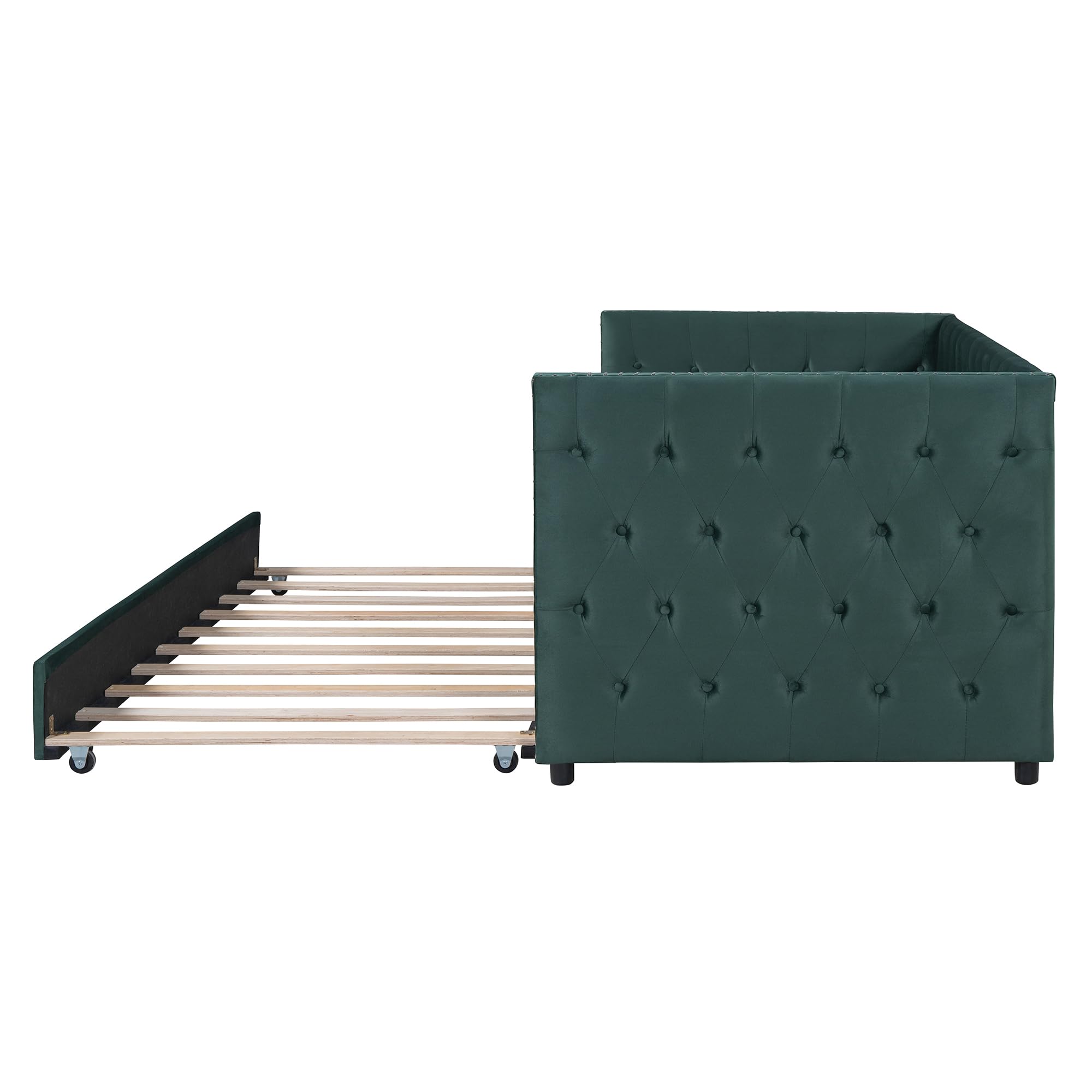 Merax Twin Size Tufted Upholstered Daybed with Trundle, Velvet Sofabed with Rivet Design, No Box-Spring Needed,Green