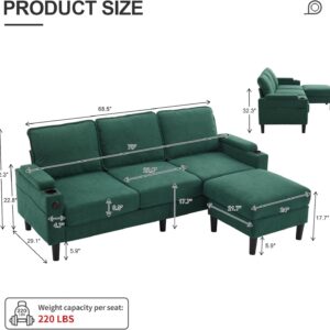 78'' Sectional Modular Sofa L Shaped Couches for Living Room, Small 3 Seat Sofa Couch with Storage Ottoman, Comfy Linen Fabric Upholstered Couch with USB Ports & Cup Holder Furniture, Green