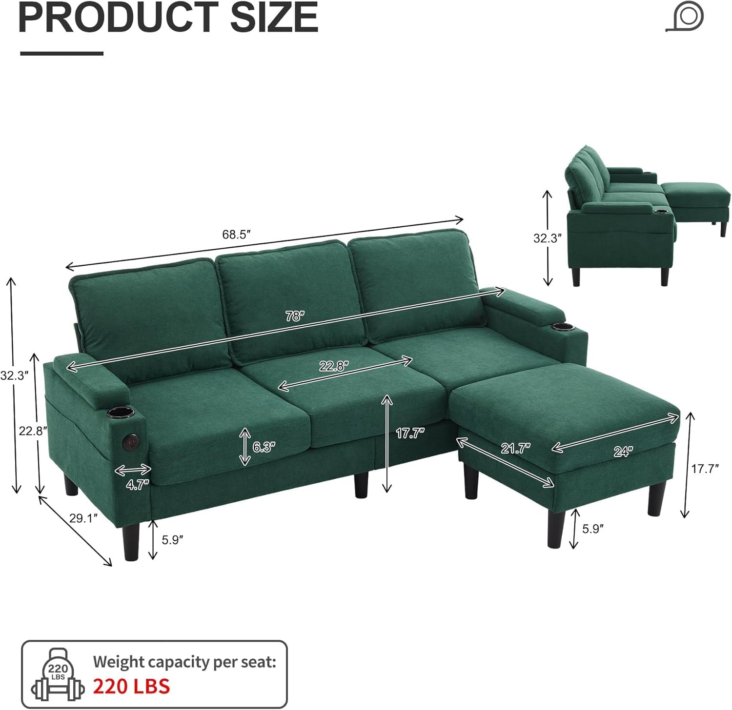 78'' Sectional Modular Sofa L Shaped Couches for Living Room, Small 3 Seat Sofa Couch with Storage Ottoman, Comfy Linen Fabric Upholstered Couch with USB Ports & Cup Holder Furniture, Green