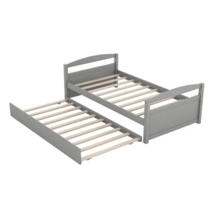 RITSU Twin Daybed Frame with Trundle, Wooden Day Bed for Living Room, Kids Twin Size Platform Bed with Headboard and Footboard for Boys Girls Teens, No Box Spring Needed,Twin Size,Grey