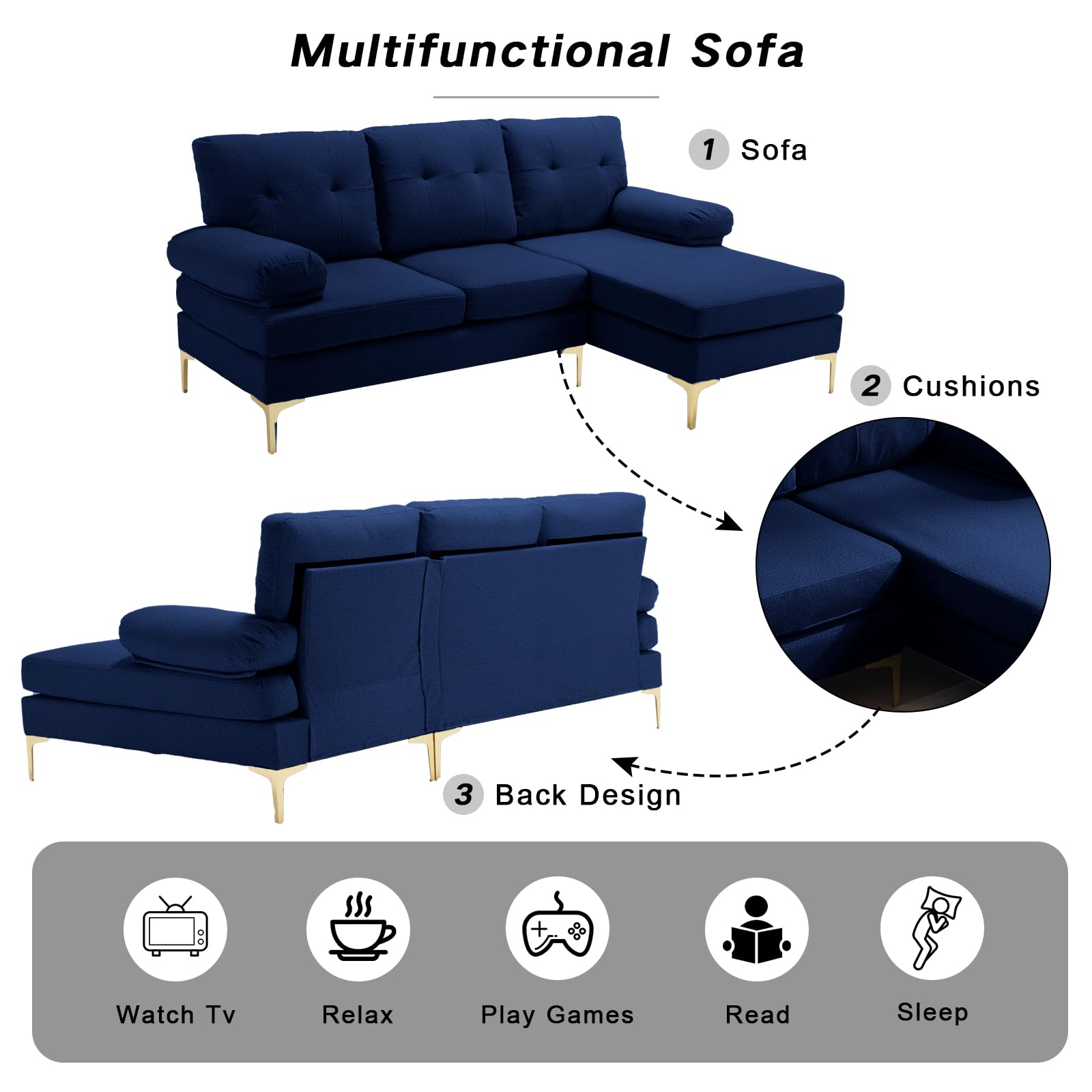 PEIHONGET L Shaped Sectional Couch, 3 Seat L-Shaped Sofa, Convertible Sectional 3 L-Shaped Couch Soft Seat for Small Apartments, Living Room (Blue)