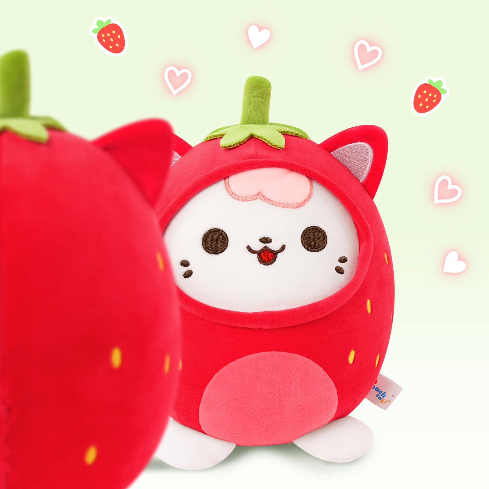 PEACH CAT Strawberry Cat Plush Pillow Cute Strawberry Kitten Stuffed Animal Cat plushie with Strawberry Outerwear for Kids Red 8"