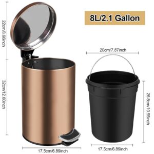 8 Liter/2.1 Gallon Round Metal Trash Can, Stainless Steel with Lid, Foot Pedal and Inner Bucket, Brushed Hands-Free Soft Close Lid Garbage Can for Kitchen, Bathroom, Bedroom