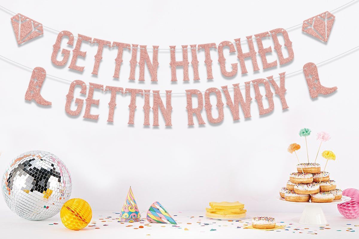 KEWUFD Gettin Hitched Gettin Rowdy Banner, Engagement/Bachelorette/Bridal Shower Party Decorations For Wedding Party Decoration Supplies Rose Gold Glitter