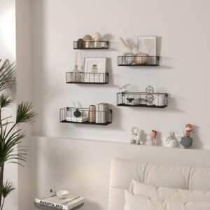 CRUGLA Black Floating Shelves Wall Mounted Set of 5, Hanging Wall Shelf with Rail for Bathroom, Bedroom, Living Room, Kitchen