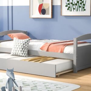 RITSU Twin Daybed Frame with Trundle, Wooden Day Bed for Living Room, Kids Twin Size Platform Bed with Headboard and Footboard for Boys Girls Teens, No Box Spring Needed,Twin Size,Grey