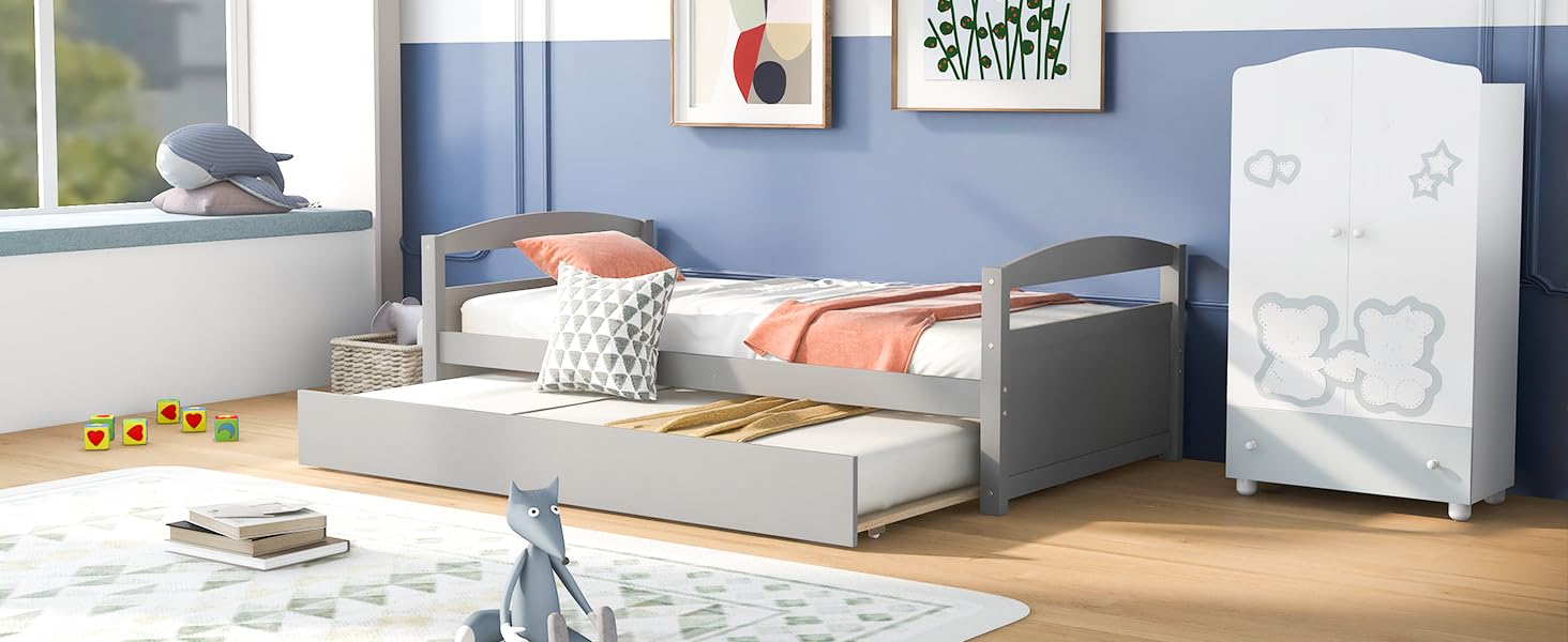 RITSU Twin Daybed Frame with Trundle, Wooden Day Bed for Living Room, Kids Twin Size Platform Bed with Headboard and Footboard for Boys Girls Teens, No Box Spring Needed,Twin Size,Grey