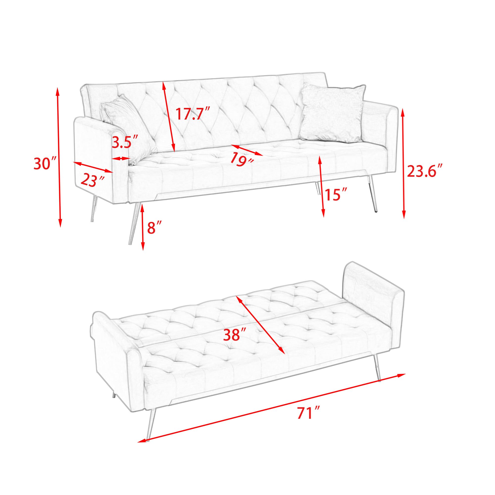 SumKea 71'' Modern Velvet Futon Sofa Bed, Loveseat Sofa, Convertible Folding Sleeper Couches with Adjustable Backrests and 2 Pillow, Lounge Sofa with Golden Chrome Legs, Pink