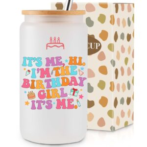 cocogifts birthday merch gifts for music lover - 16oz glass cup - birthday stuff gifts for girls - birthday decorations - its me hi im the birthday girl its me