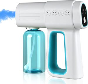 professional disinfectant fogger machine, 380ml wireless nano sprayer gun handheld sanitizer fogger, blue light foggers for touchless sanitization