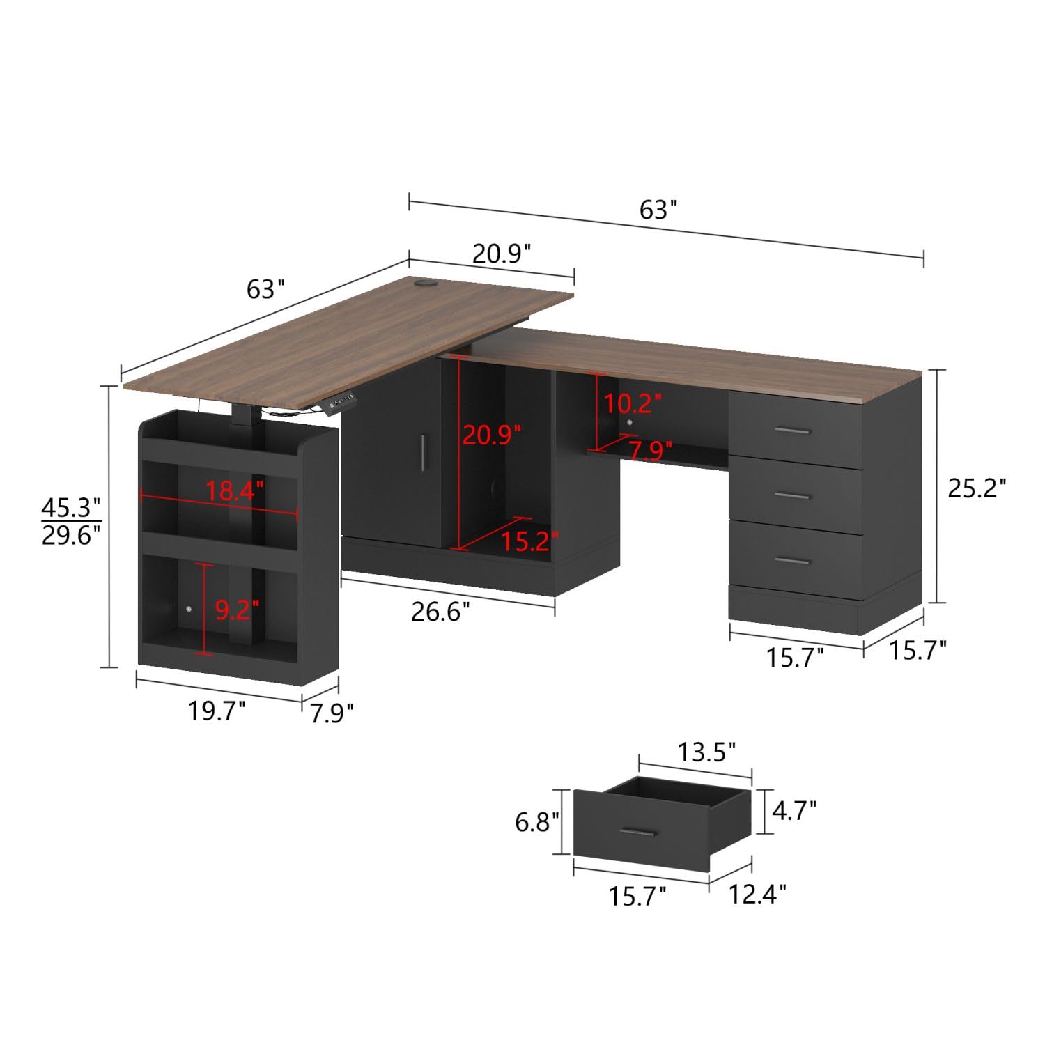 MOUMON Electric Standing Desk with Drawers and Shelves, Executive Desk Adjustable Height Desk, L-Shaped Design, 63 inch Tabletop, for Office Deep Brown and Black (63”W x 63”D x 29.6-45.3”H)