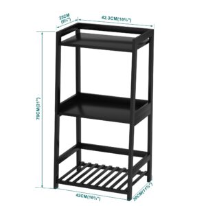 ADREMAN Bathroom Shelf, 3 Tier Ladder Shelf Bamboo Nightstand Open Shelving, Bathroom Storage Organizers Bookshelf Bookcase for Living Room, Bedroom, Bathroom (Black, Without Drawers)