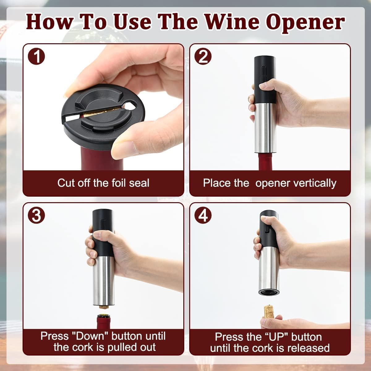 Electric Wine Bottle Opener, Battery Powered Stainless Steel Wine Bottle Opener, Wine Gift Automatic Wine Bottle Opener with Aluminum Foil Cutter (Stainless Steel Battery)