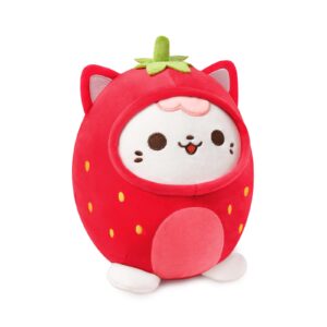 peach cat strawberry cat plush pillow cute strawberry kitten stuffed animal cat plushie with strawberry outerwear for kids red 8"