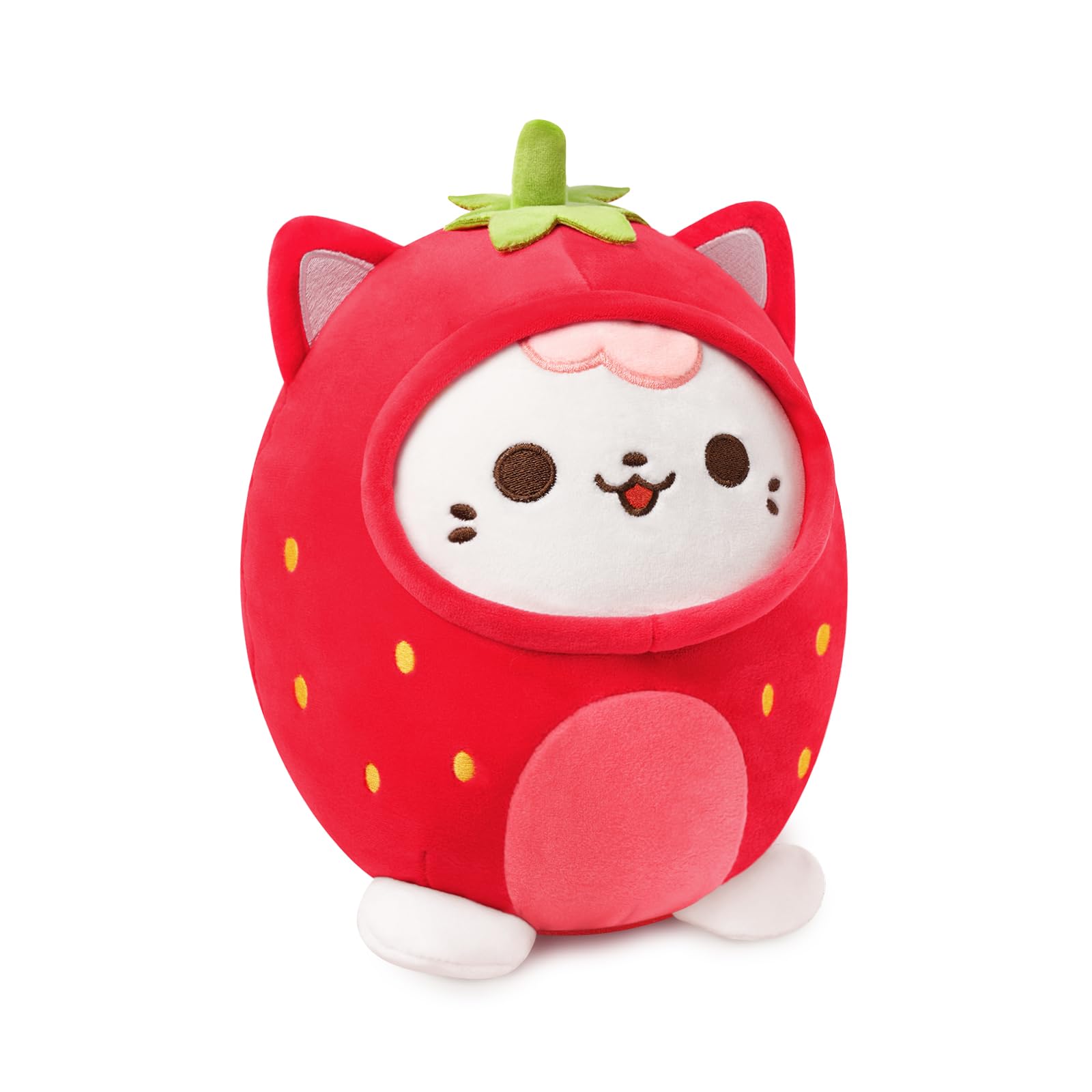 PEACH CAT Strawberry Cat Plush Pillow Cute Strawberry Kitten Stuffed Animal Cat plushie with Strawberry Outerwear for Kids Red 8"